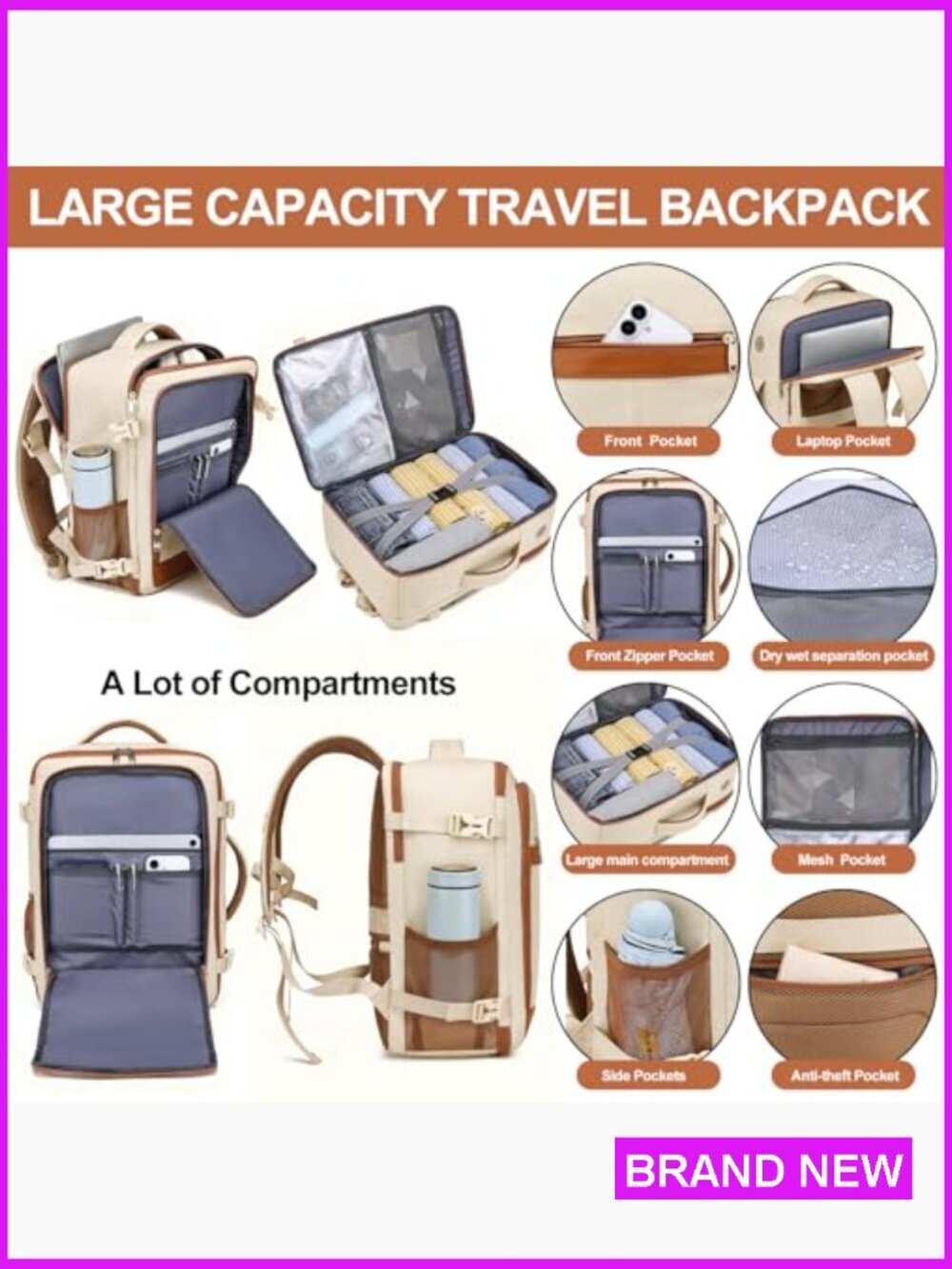 Carry On Backpack with Shoe Pouch TSA 15.6" Laptop Compartment USB Charging - Picture 3 of 6